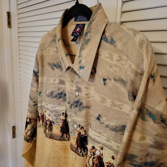 Western Cowboy Print Snap Button Shirt Panhandle Slim XL Beige Cotton Vintage - Picture 2 of 9